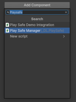 Adding the PlaySafe Manager script component
