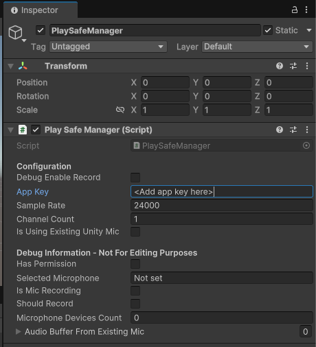 PlaySafe Manager component configuration fields