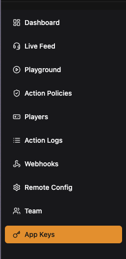 Navigating to App Keys in PlaySafe Dashboard
