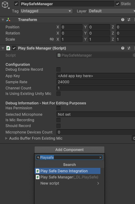 Typical Game Object setup in the PlaySafe Demo scene