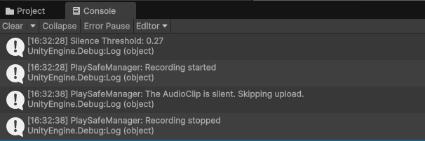 Example PlaySafe logs in the Unity Console